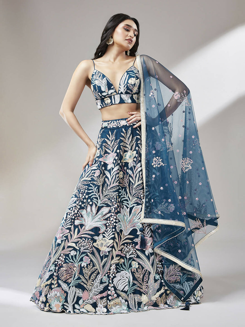 House of Panchhi Navy blue Net Sequinse Work Lehenga & Blouse with Dupatta