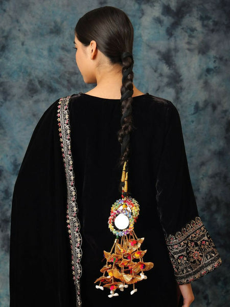 Ruby Raang Gold Gota Pati Work And Colorful Pastel Hues Threads With Shell And Black Thread And Mirror Work