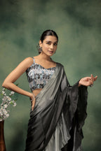 Grey Satin Solid Designer, Printed Party Wear Ready To Wear Saree - Nasreen