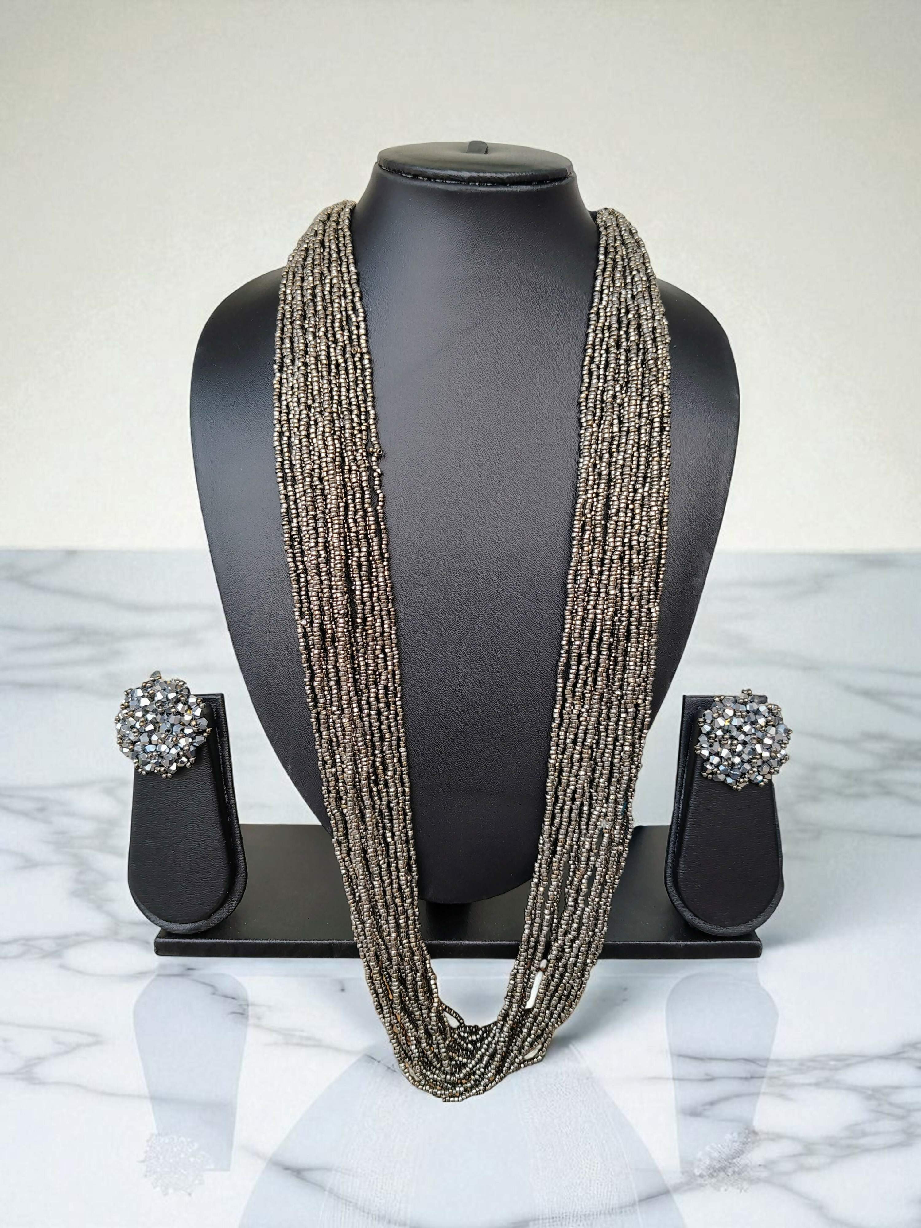 Inhanns Rangsaaz 20-Layer Luxe Long Beaded Necklace (With Optional Statement Earrings) - Silver With Earring