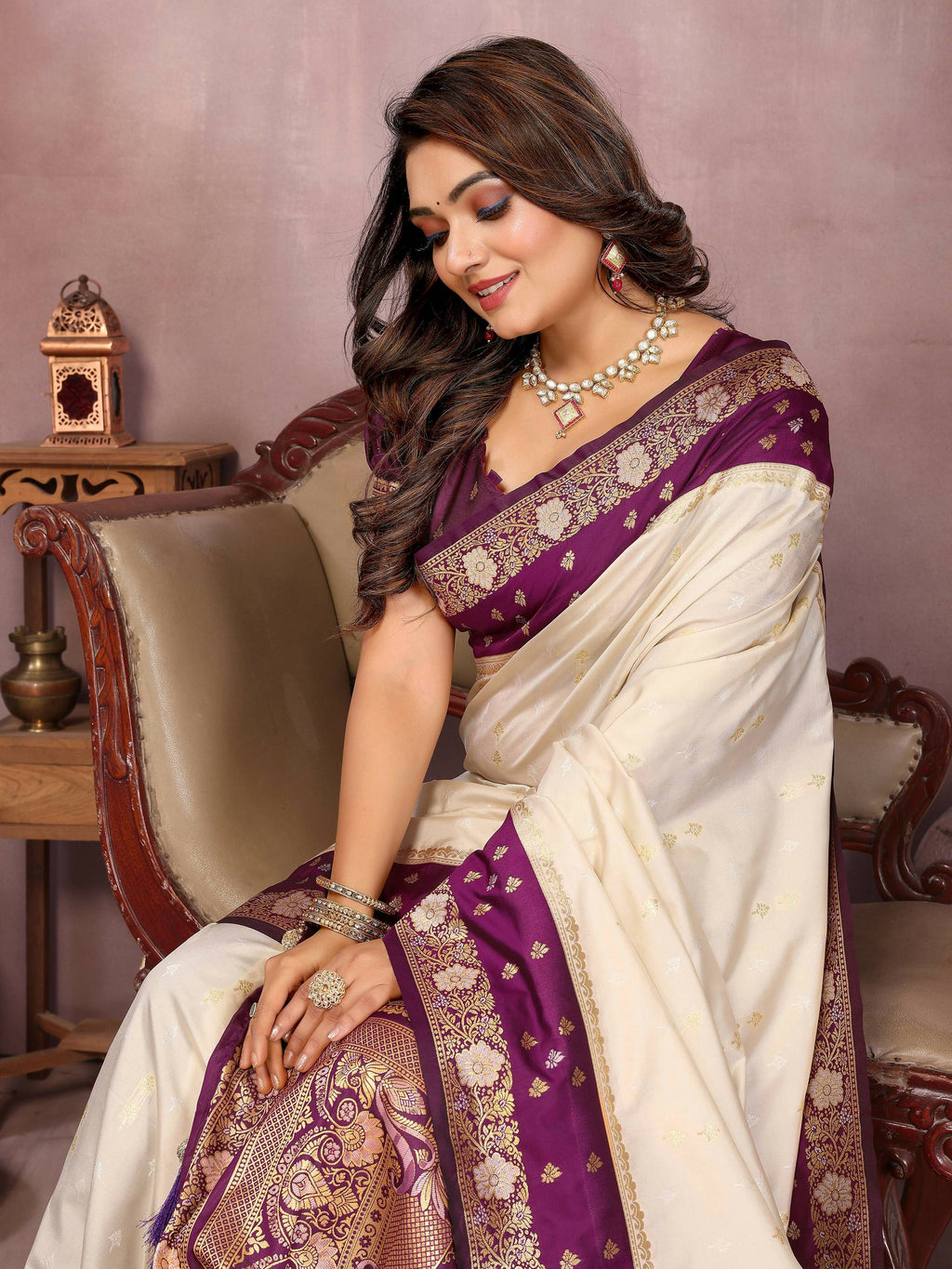 Aastha Fashion Cream Kalamkari Silk Zari Woven Saree - Distacart