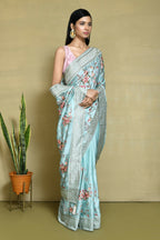 Blue Satin Silk Embroidered With Woven Design Border Festive Saree - Nimaya Denzy