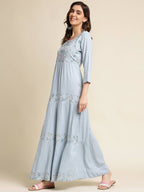 Sky Blue Chinon Floral Embroidered Dress - Nandani - Distacart