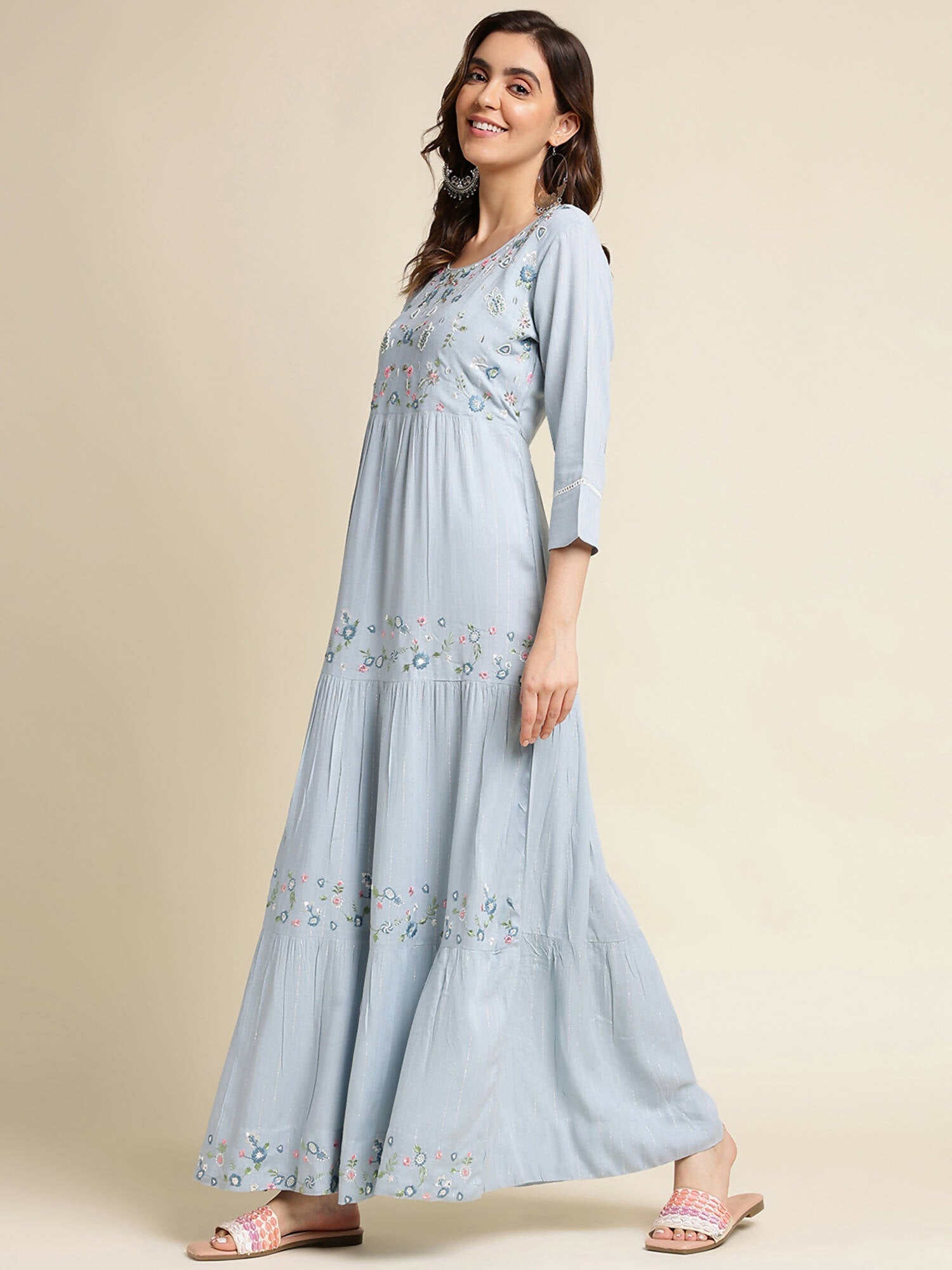 Sky Blue Chinon Floral Embroidered Dress - Nandani - Distacart