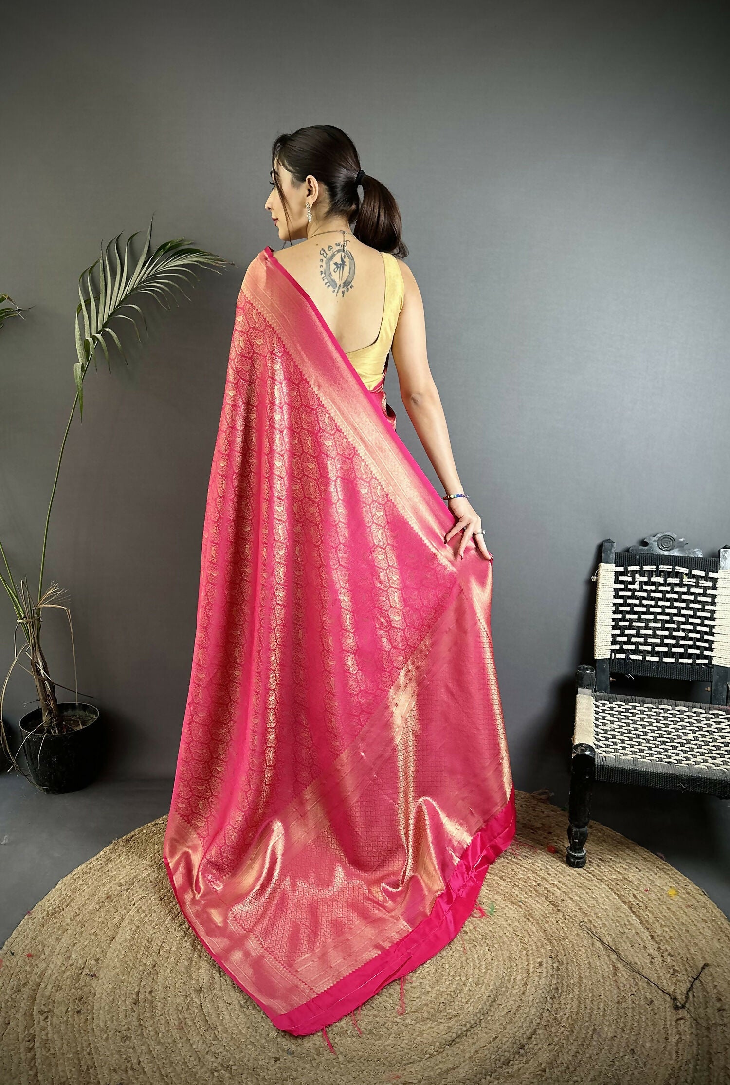 Joban Fashion Rani Pink Paisley & Floral Soft Satin Silk Banarasi Silk Saree - Distacart