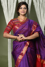 Very Much Indian Handloom Cotton Silk Maheshwari Saree With Sleek Golden Border - Purple