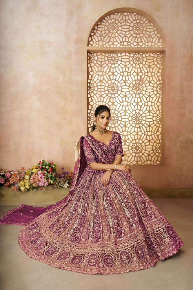 Kesar Fab Dark-Purple Net Hand_Woven Lehenga