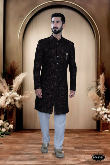 Joban Fashion Men's Blue Base (Multi-Colour) Velvet Kurta with Pyjama