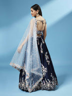 House of Panchhi Navy Blue Pure Georgette Thread & Sequinse Work Lehenga & Blouse, Dupatta