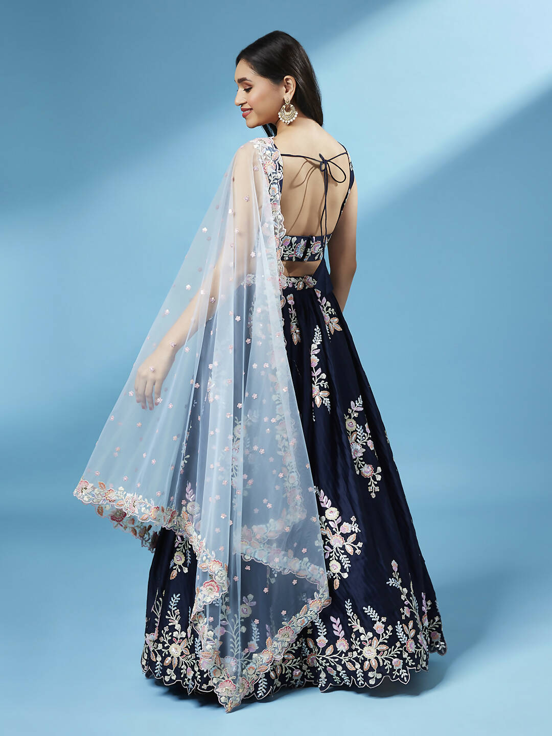 House of Panchhi Navy Blue Pure Georgette Thread & Sequinse Work Lehenga & Blouse, Dupatta