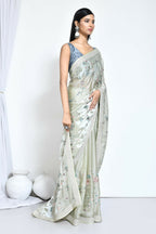 Green Satin Silk Sequence Embroidered With Stone Work Festive Saree - Nimaya Denzy