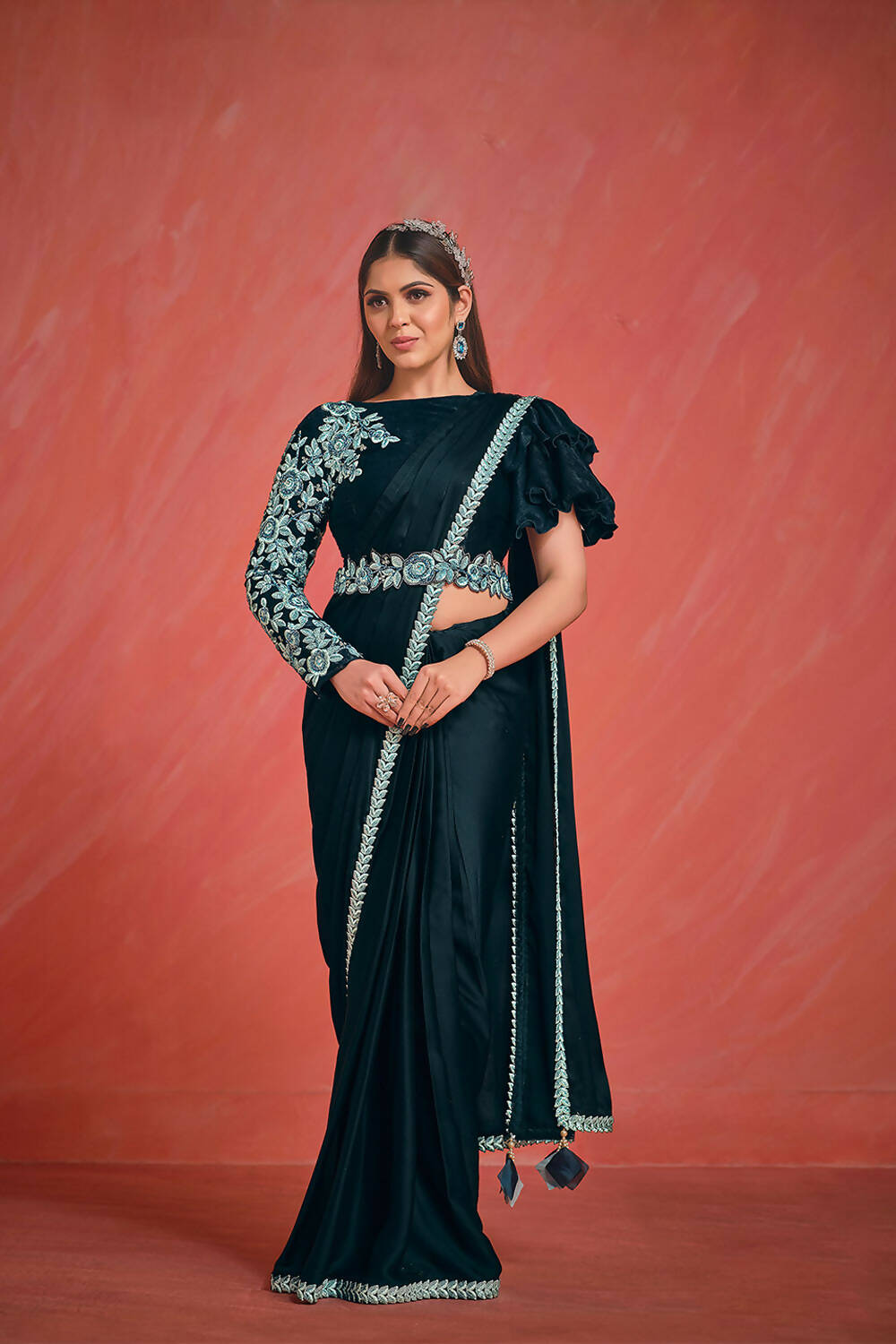 Dark Teal Crepe Silk Satin Thread & Stone with Kardana work Saree With Stitched Blouse - Mohmanthan Elegancia
