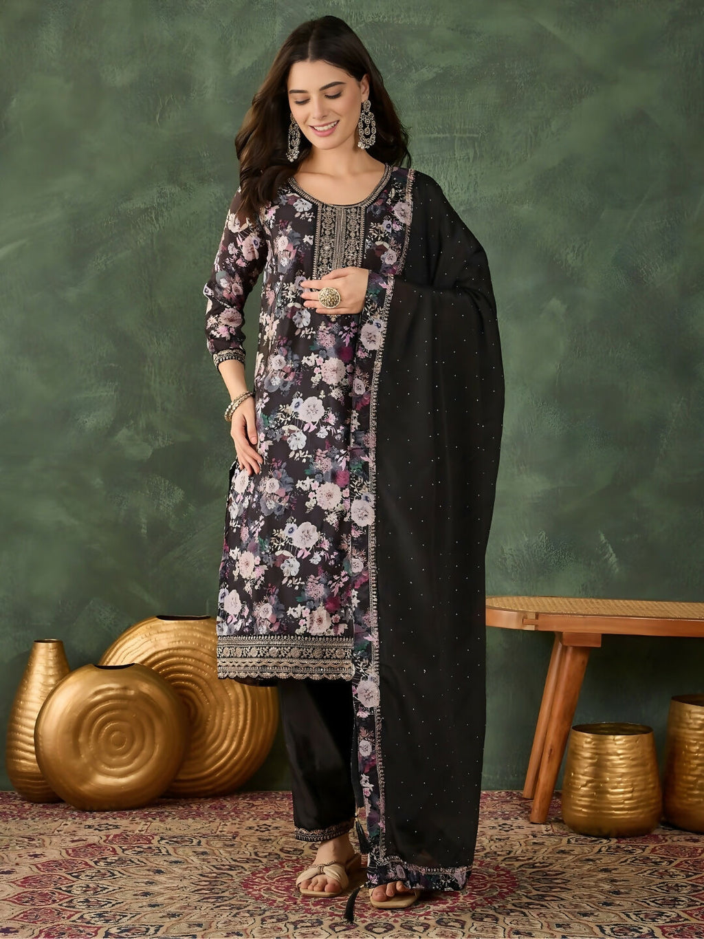 The52 Women's Beautiful Embroidery Work Chinon silk Fabric Straight Kurta Pant and Dupatta Set - Distacart