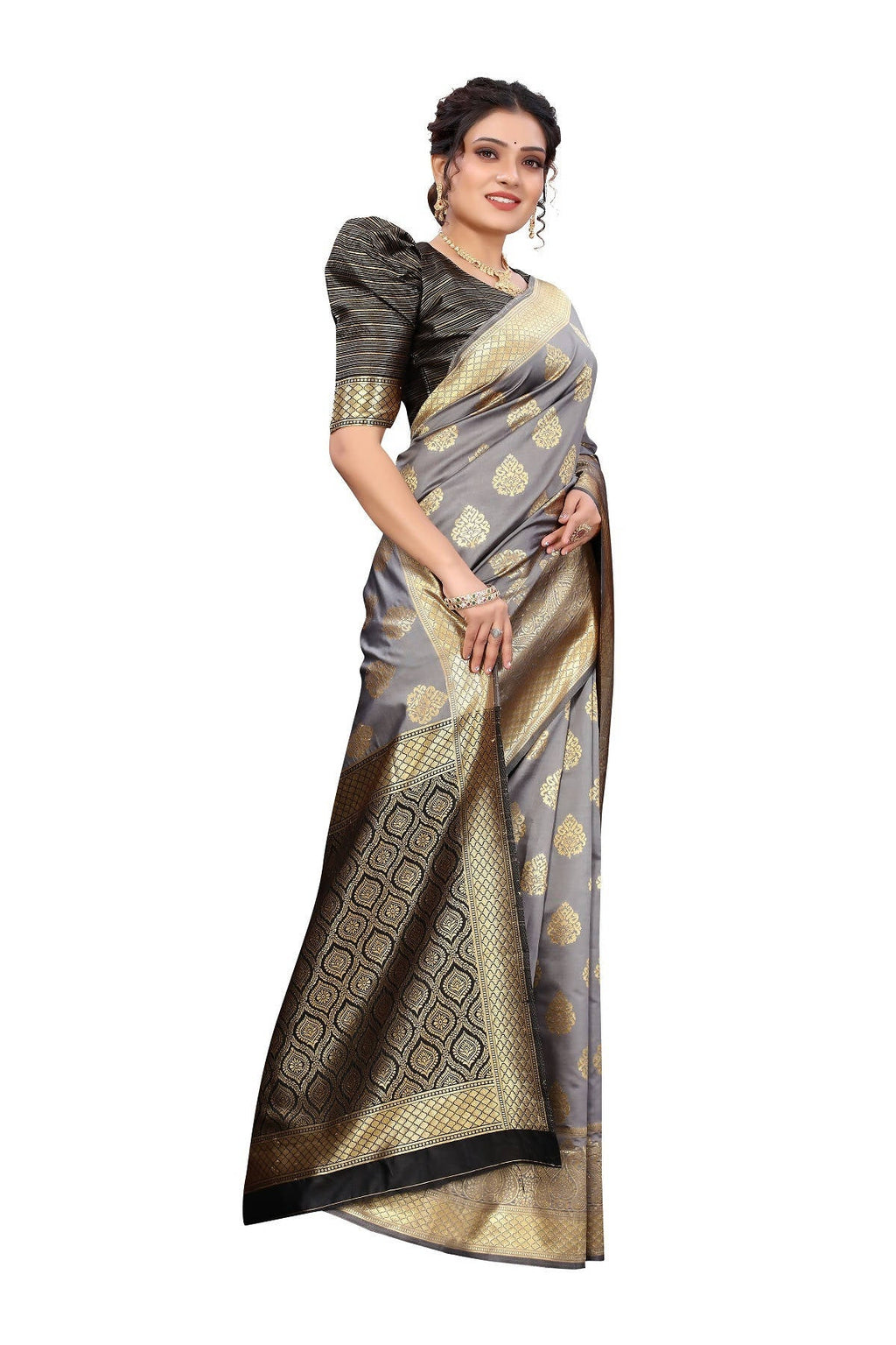 Vamika Ethnic Fire Grey Weaving Banarasi Jacquard Saree - Distacart
