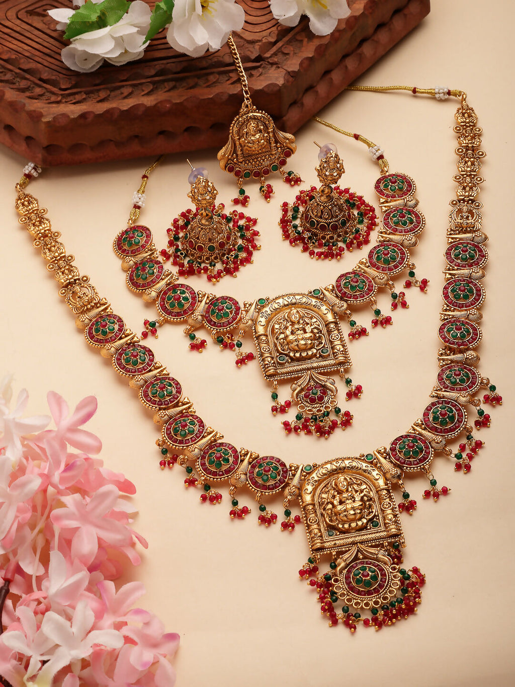 NVR Women's Set of 2 Gold-Polished Green & Red Stone Studded Lakshmi Design Temple Jewellery Set with Maangtikka