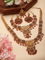 NVR Women's Set of 2 Gold-Polished Green & Red Stone Studded Lakshmi Design Temple Jewellery Set with Maangtikka
