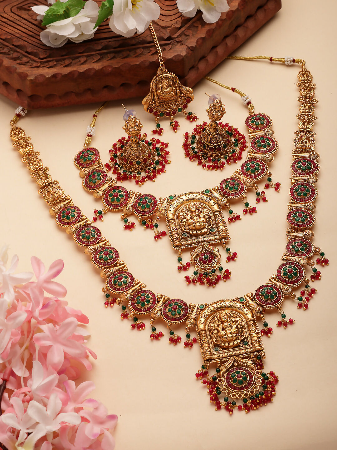NVR Women's Set of 2 Gold-Polished Green & Red Stone Studded Lakshmi Design Temple Jewellery Set with Maangtikka