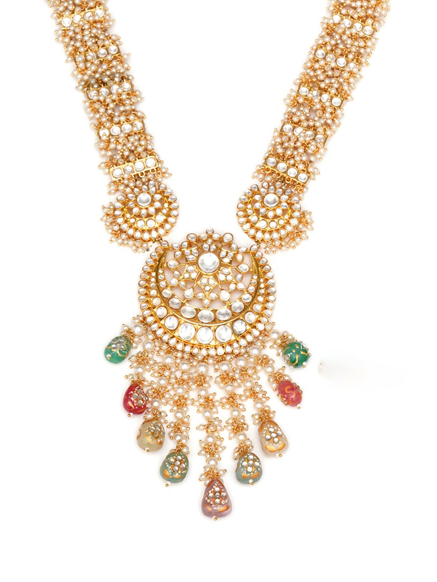 Long Kundan Neckpiece with Earrings & Maang Tikka with Multi Stones Jewellery Set (Gold) - Ruby Raang