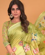 Green Cotton Silk Floral Printed Saree With Unstitched Blouse Piece - Akshita