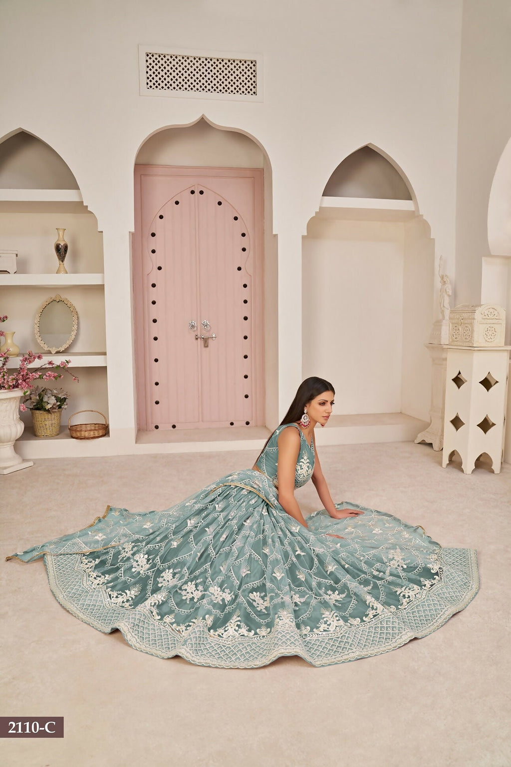Eilara Women'S Ocean Blue Butterfly Net White Cotton Thread And Zari Sequence Embroidered Work Lehenga Choli For Wedding