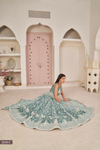 Eilara Women'S Ocean Blue Butterfly Net White Cotton Thread And Zari Sequence Embroidered Work Lehenga Choli For Wedding