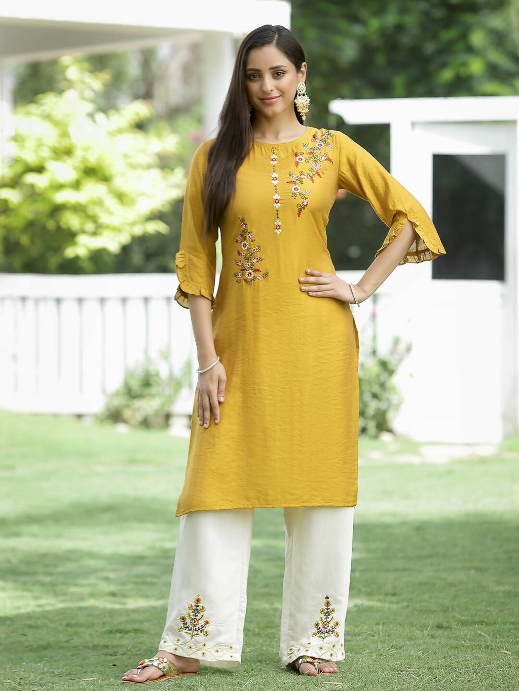 Juniper Mustard Mono Viscose Festive Wear Embroidered Straight Kurta Palazzo Dupatta Set - Distacart