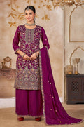 Anaita Purple Vichitra Silk Readymade Palazzo Suit with Embroidery & Lace Work - Distacart