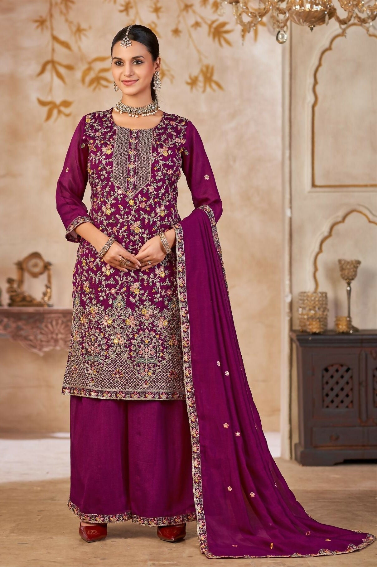 Anaita Purple Vichitra Silk Readymade Palazzo Suit with Embroidery & Lace Work - Distacart
