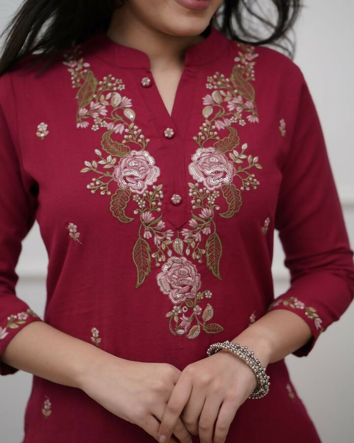 The52 Women's Beautiful Rayon Slub Fabric Embroidery Work Straight Kurta Pant and Dupatta Set - Distacart