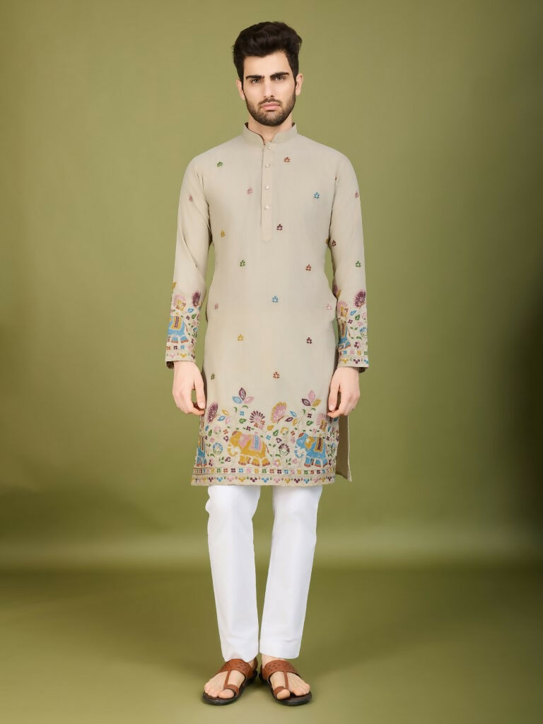 Vastranavya Ivory Exclusive Festival Wear Cotton Sequence Embroidered & Thread Work Kurta