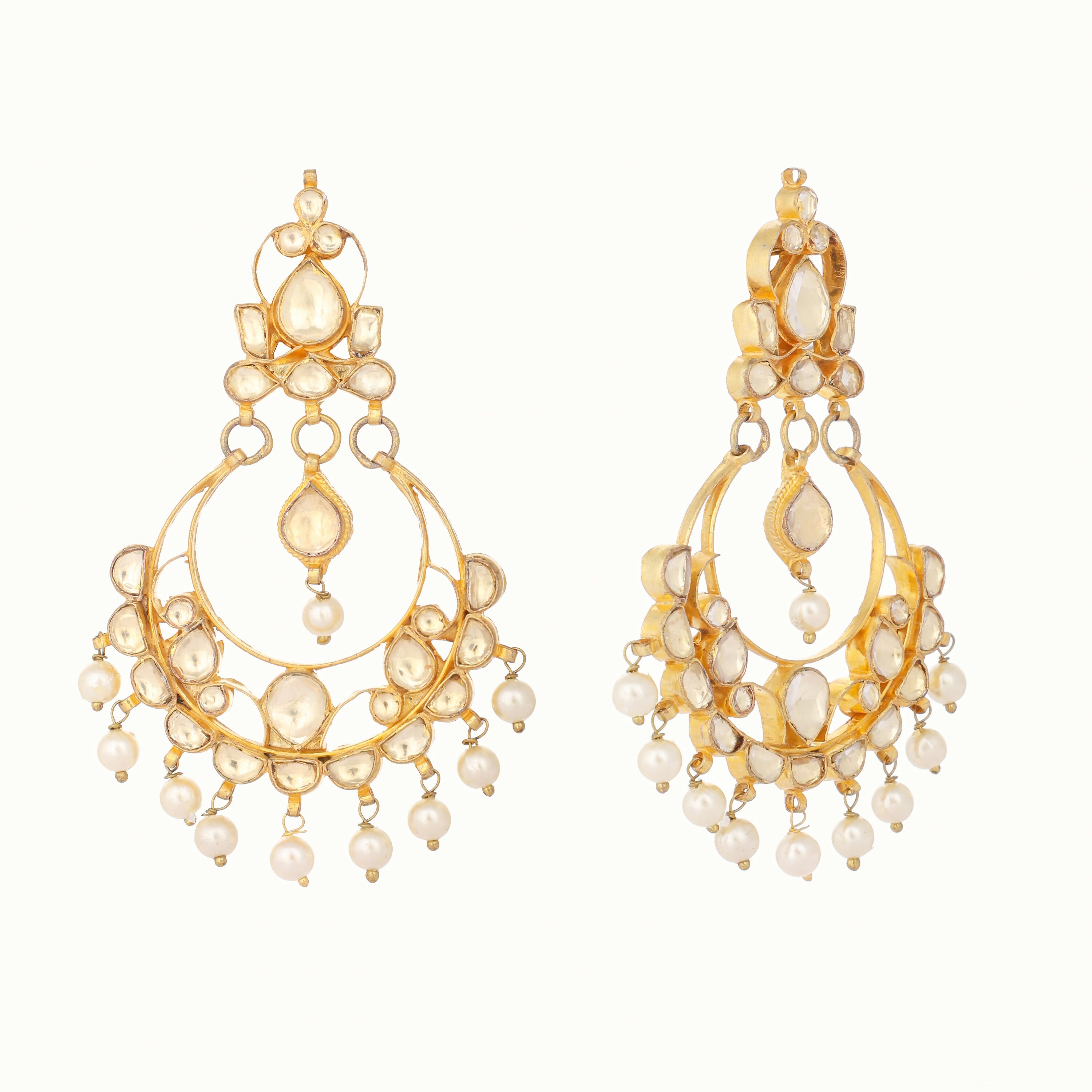Nuyug 22K Gold Plated Kundan Studded Contemporary Shaped Pearl Drop Chandbalis - Distacart