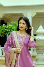 The52 Purple Women's Beautiful Embroidered Viscose Chanderi Silk Fabric with Straight Kurta, Pant and Dupatta Set - Distacart