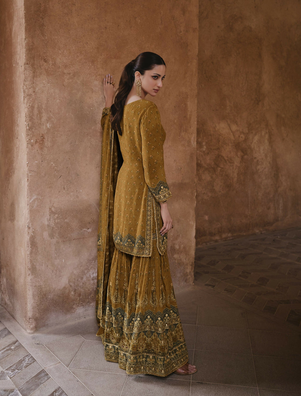 Anaita Mustard Silk Readymade Palazzo Suit with Swarovski Work - Distacart