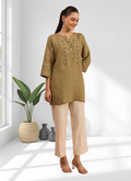 Joban Fashion Light Brown Linen Embroidered Readymade Tunic - Distacart