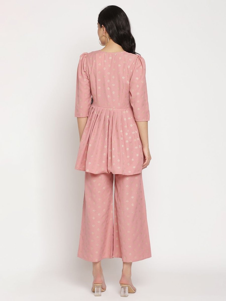 Ahalyaa Pink Ethnic Motifs Printed Angrakha Kurti With Palazzos For Women