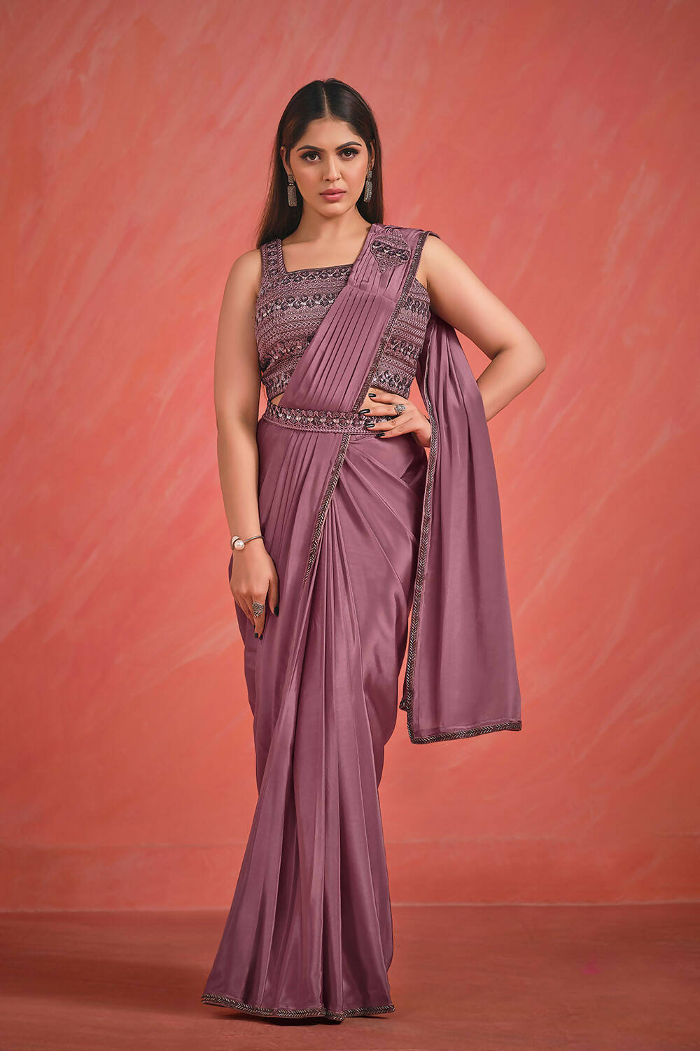 Dusky Wine Crepe Silk Georgette Thread & Sequence with Kardana work Saree With Stitched Blouse - Mohmanthan Elegancia