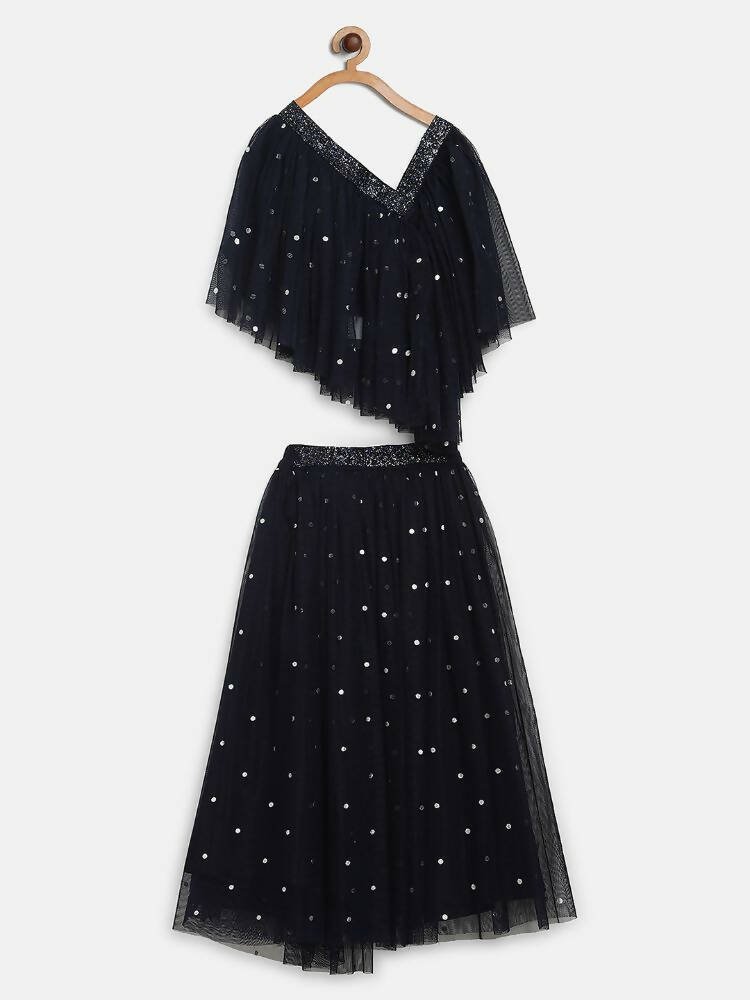 Ahalyaa Navy Blue Net Asymmetric Kids Top With Skirt For Girls