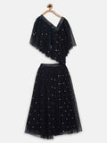 Ahalyaa Navy Blue Net Asymmetric Kids Top With Skirt For Girls