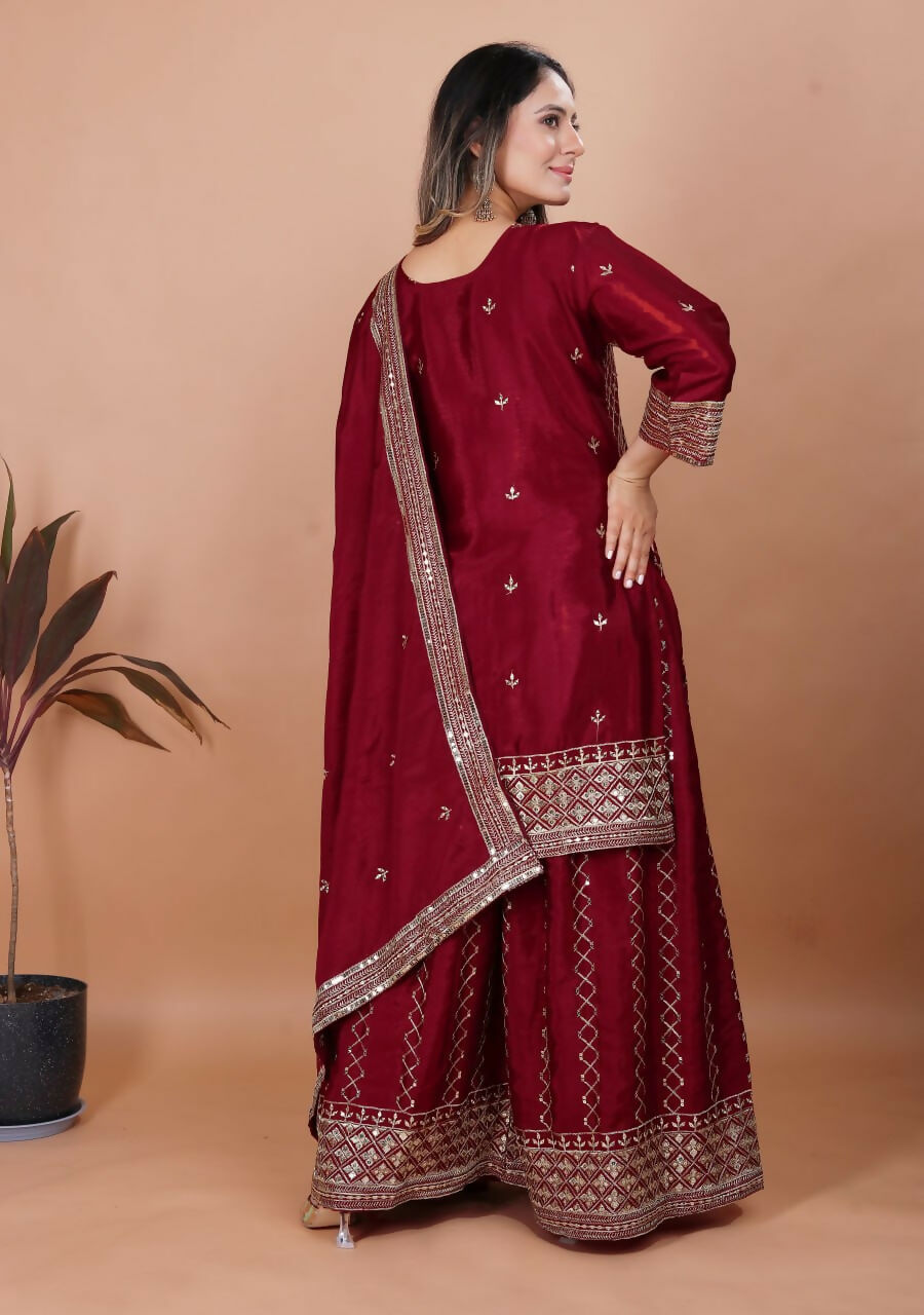 Teeya Creation Maroon Color Chinon Silk Embroidery Work Palazzo Set - Distacart