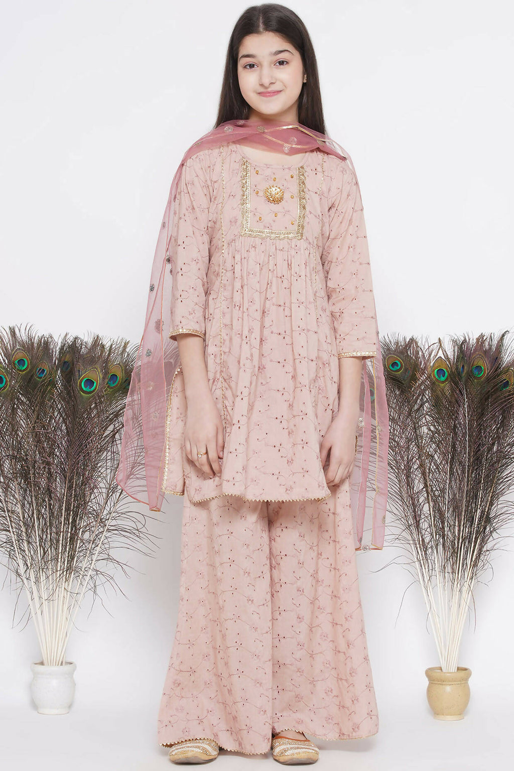 Little Bansi Floral Shiffli Kurta With Plazzo And Dupatta - Brown