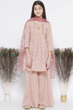 Little Bansi Floral Shiffli Kurta With Plazzo And Dupatta - Brown