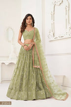 Aastha Fashion Pista Green Butterfly Net Tone To Tone Thread Work, Sequence Work And Original Mirror Work Embroidery Wedding Wear Lehenga Choli