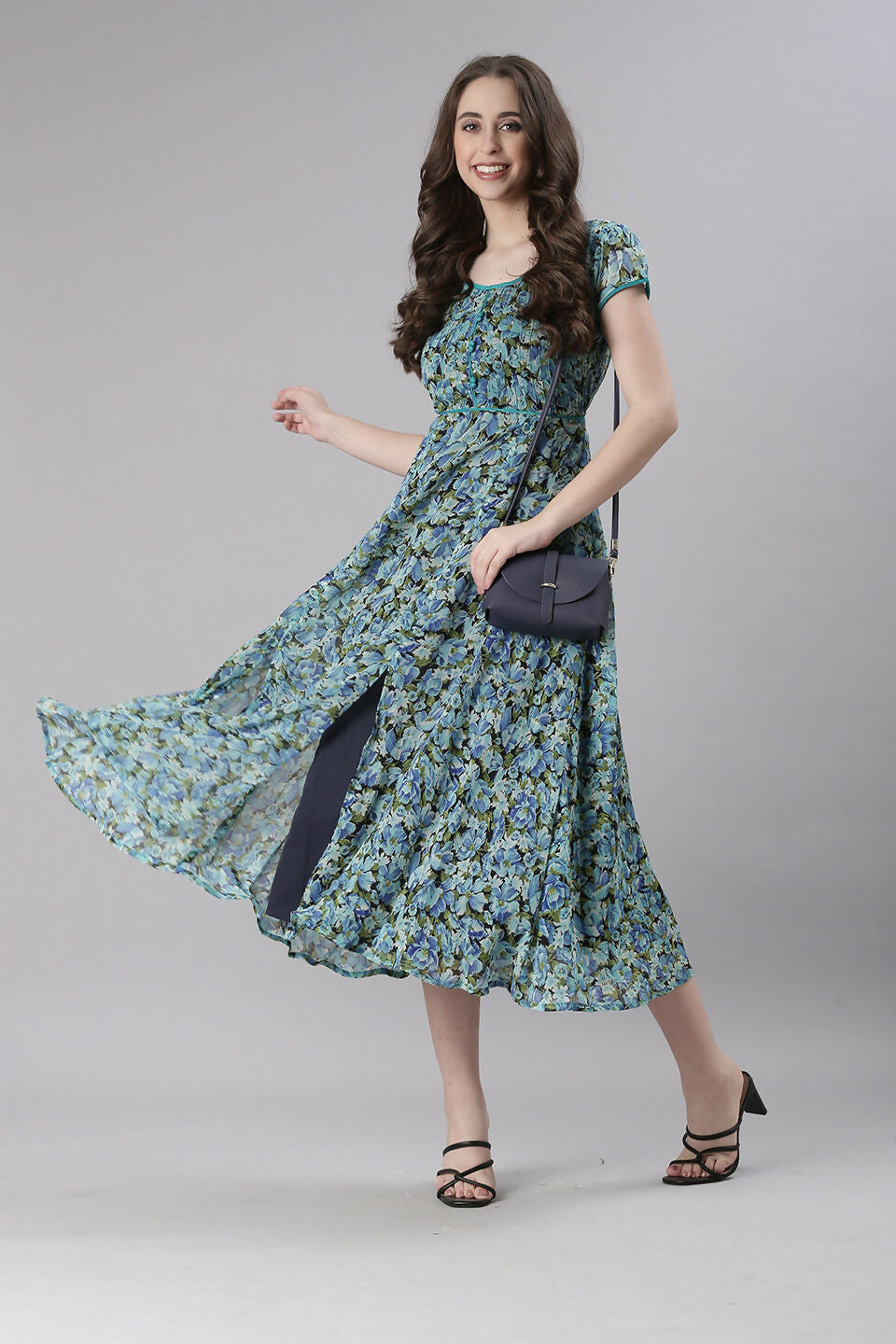 Souchii Teal & Blue Floral Printed Fit & Flare Dress