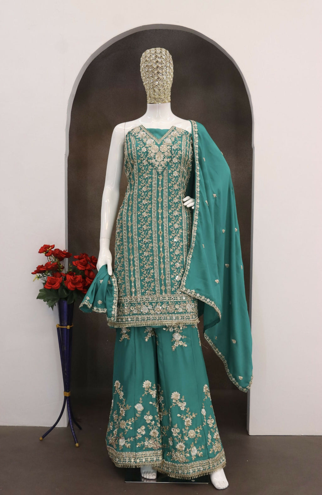 Anaita Turquoise Chinon Stitched Suit with Embroidery Codding Sequence Work - Distacart