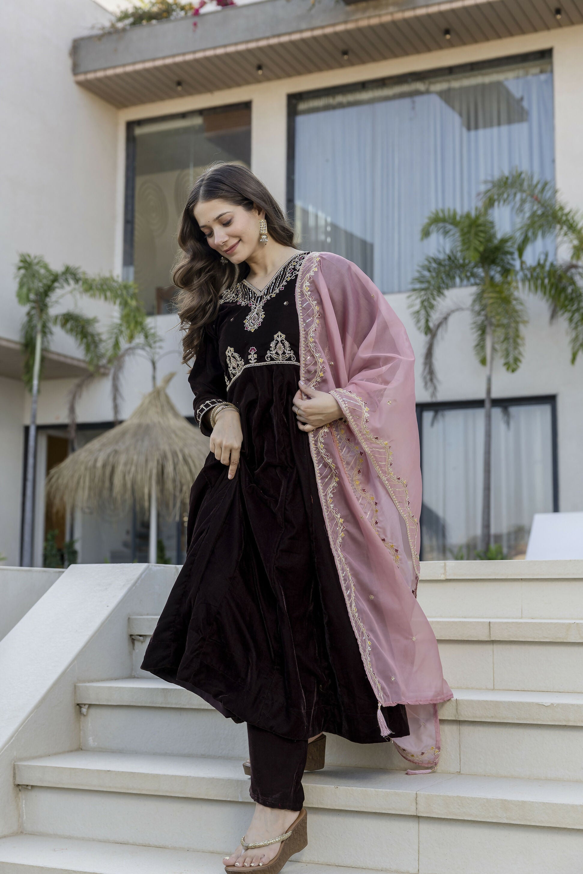 The52 Women's Beautiful Velvet Fabric Embroidery Work Flared Anarkali Pant and Dupatta Set - Distacart