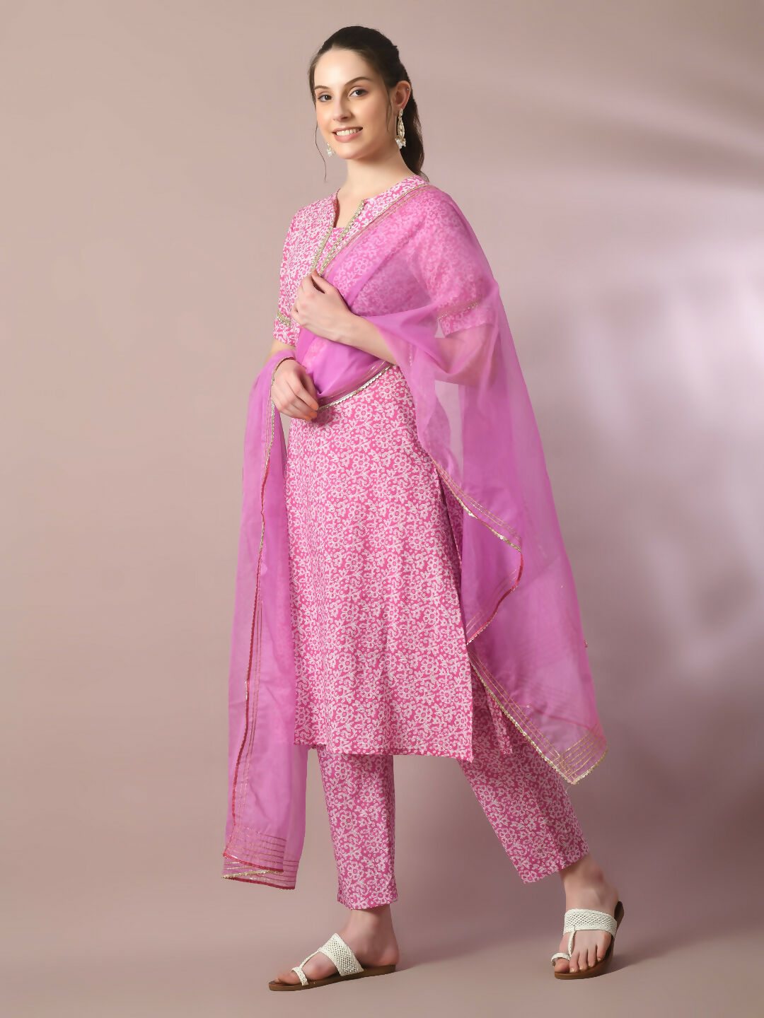 Myshka Women's Pink Printed Cotton Straight Party Kurta Set With Dupatta