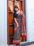 Zibaa Hand-Blocked Pure Maheshwari Silk Navy Blue Saree - Distacart