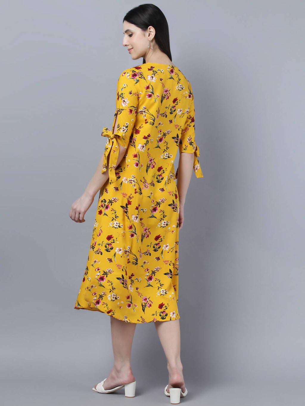 Myshka Women Yellow Floral Printed Flared Sleeves Thread Work Crepe Kurta - Distacart