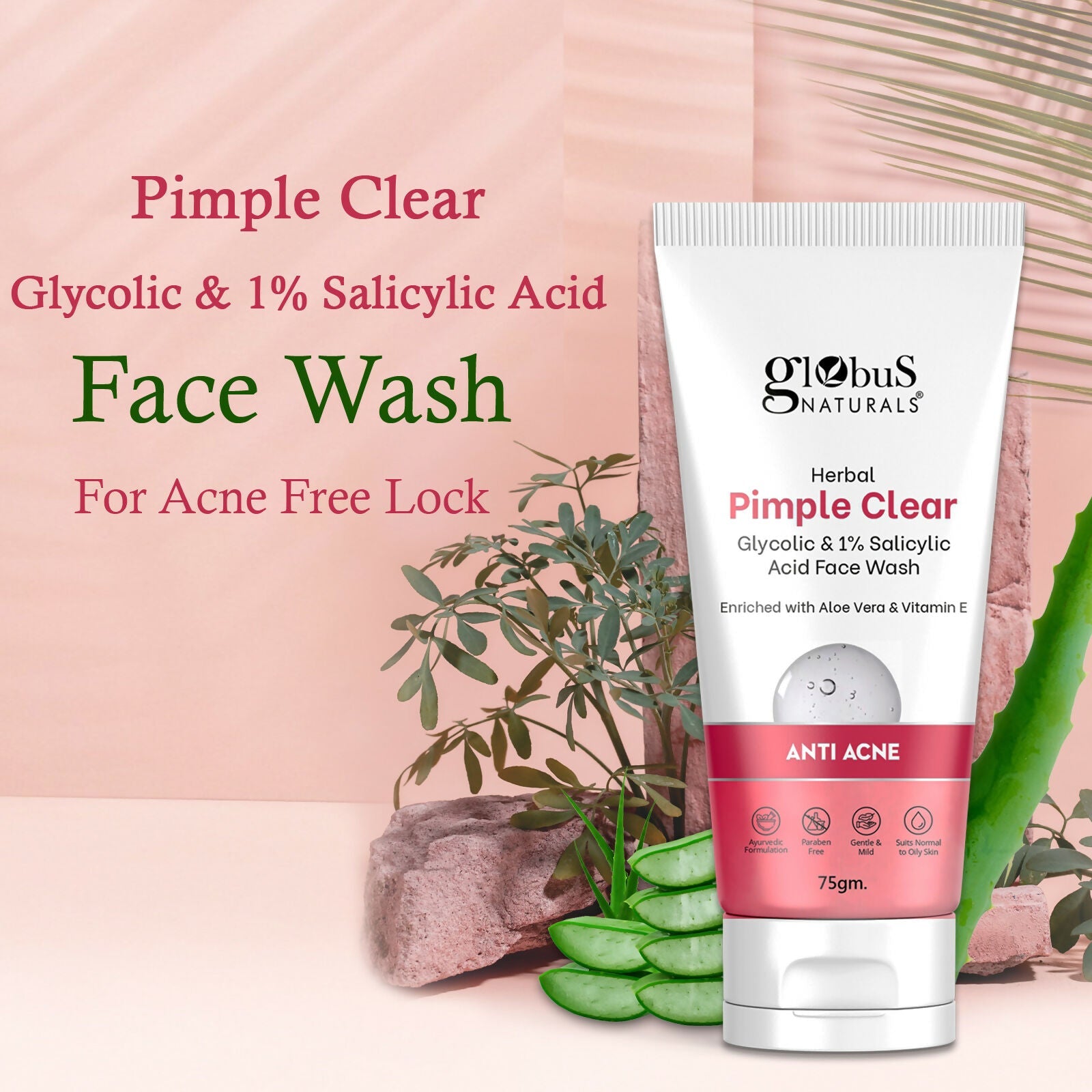 Globus Naturals Herbal Pimple Clear Glycolic & 1% Salicylic Acid Face Wash - Distacart