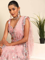House of Panchhi Pink Net Sequins, Mirror and thread embroidery Lehenga choli & Dupatta
